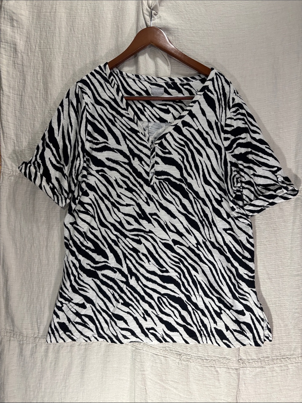Chico's Zebra-Print Cotton Modal V-Neck Slub Knit Short Sleeve Henley Tee XL